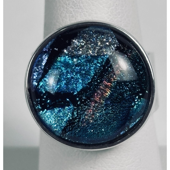 925 Sterling Silver Vintage Dichroic Glass Modernist Ring Size 7.25 / 13.4 Grams - Picture 2 of 9